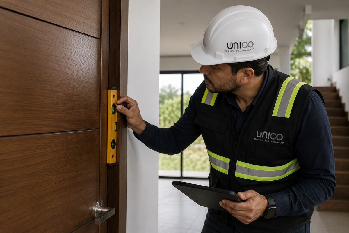 Arquitecto de UNICO inspeccionando el nivel de una puerta antes de comprar una vivienda en Quito